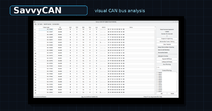 SavvyCAN main window showing captured CAN frames and filtering controls