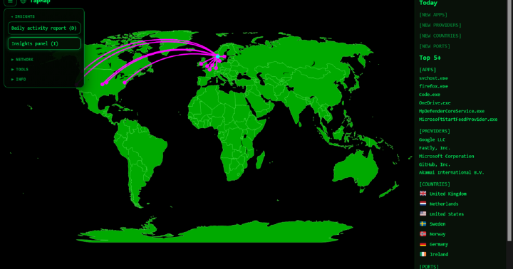 TapMap local network connection visualizer — geolocates active sockets on an interactive world map